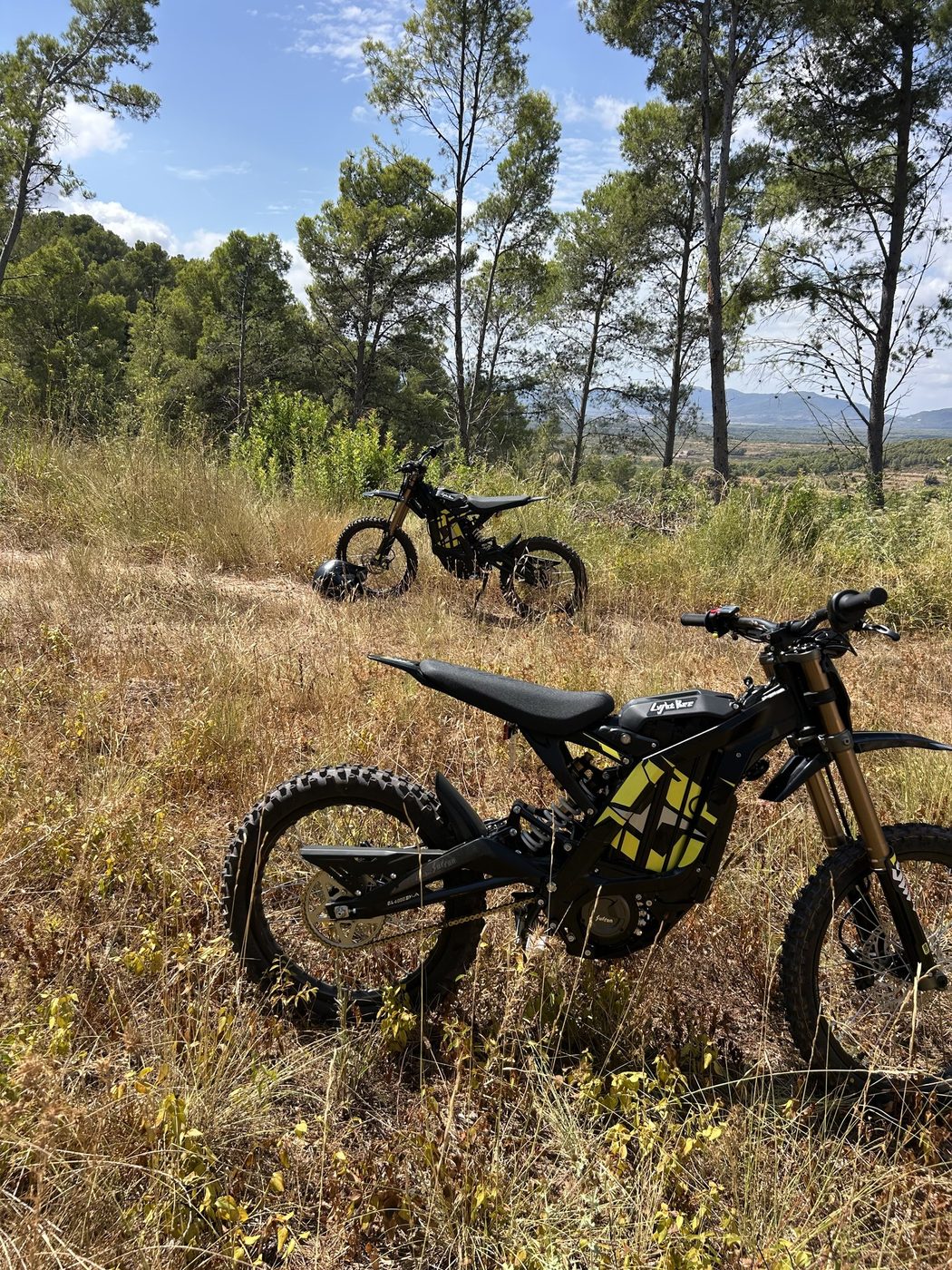Two electric dirt bikes in dry grass with the valley and the pines behind